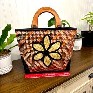 Handcrafted Floral Woven Bag - Black and Brown